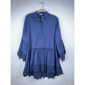 P.A.R.O.S.H. Star Eyelet Mini Dress Blue Tent Pleated Long Sleeve Collared XS
